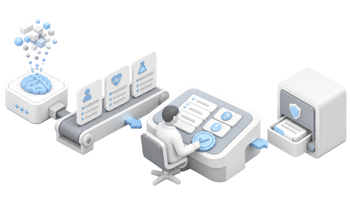 Isometric illustration for AI clinical documentation that keeps the clinician in control