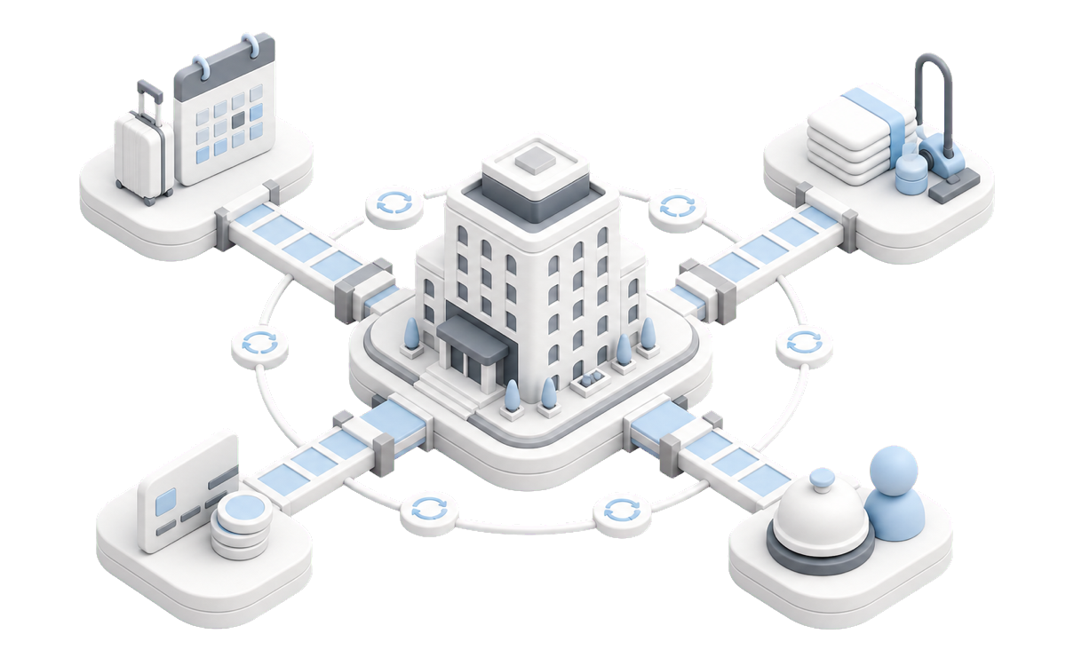 Isometric illustration for Hotel PMS integration: make the property system a dependable hub